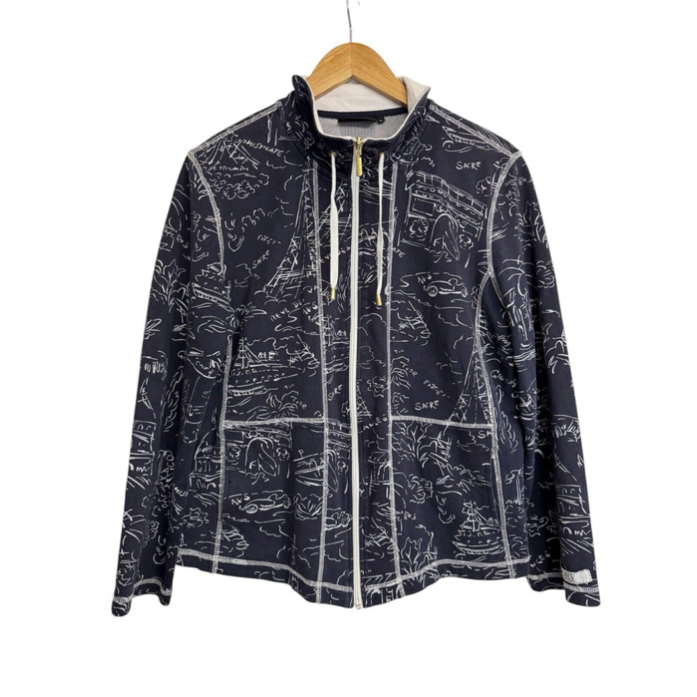 Orly Blue & White Jacket Ladies Parisian Print Women's Size Large Travel